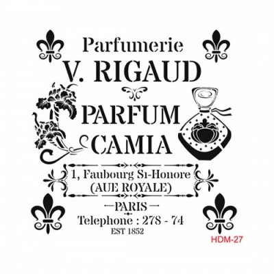 Etiqueta vintage de perfume com texto e ilustrações a preto e branco