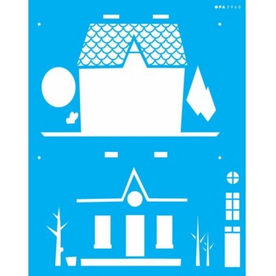 Stencil azul com formas de casa e elementos arquitetónicos