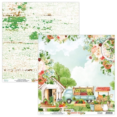 Papel decorativo com padrão de pintura desgastada e ilustração campestre colorida