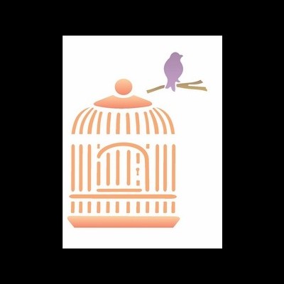 Desenho estilizado de gaiola laranja com pássaro e galho