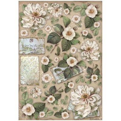 Papel decorativo com flores brancas, folhas verdes e cartas manuscritas em fundo bege