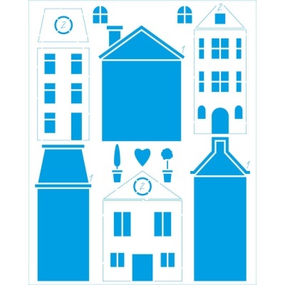 Desenhos azuis de casas estilizadas com janelas, portas e detalhes para montagem