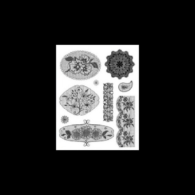 Padrões decorativos de renda preto e branco com motivos florais variados