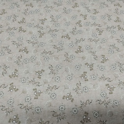 Tecido bege com padrão de pequenas flores cinzentas e castanhas