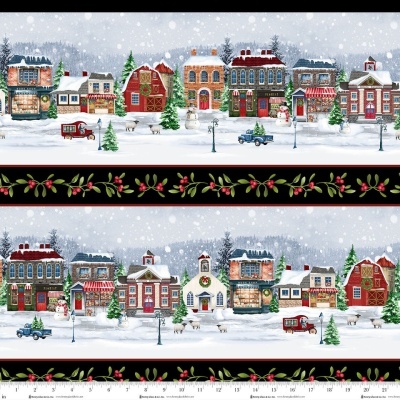 Padrão de vilarejo de Natal com casas, neve, árvores e guirlandas