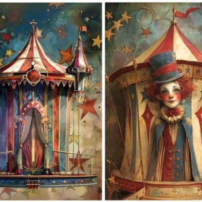 Carrossel vintage colorido e palhaço em pintura artística com estrelas e riscas