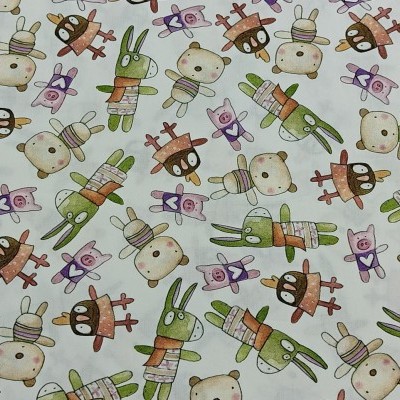 Tecido branco com padrões de desenhos animados de animais em várias cores