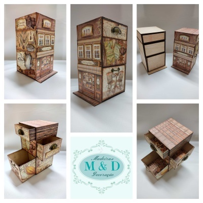 Móvel de madeira com design de casa antiga e gavetas