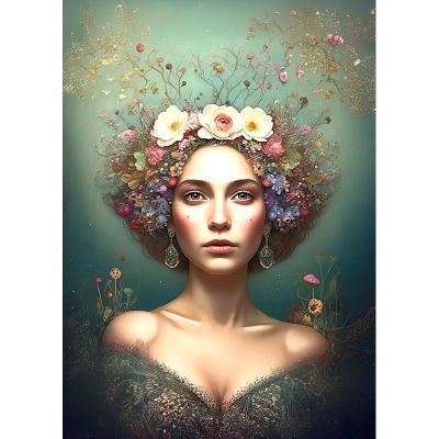 Retrato digital de mulher com adorno floral colorido na cabeça e fundo verde com detalhes dourados