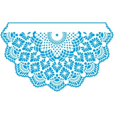 Padrão decorativo azul em renda com flores e formas geométricas