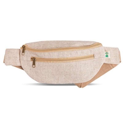 Sacola de cintura bege claro com fechos dourados e duas bolsas