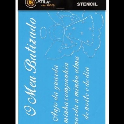 Stencil azul com desenho de anjo e texto em branco 'O Meu Batizado' em embalagem preta