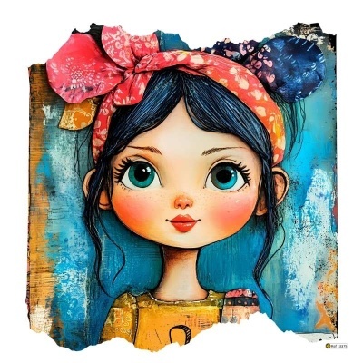 Desenho colorido de rapariga de olhos grandes com lenço rosa e camisa amarela