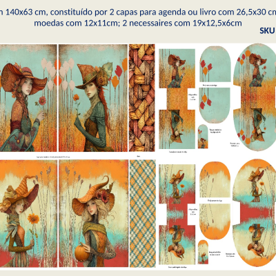 Painel com ilustrações de raparigas para montagem de cadernos e acessórios com tons laranja e azul