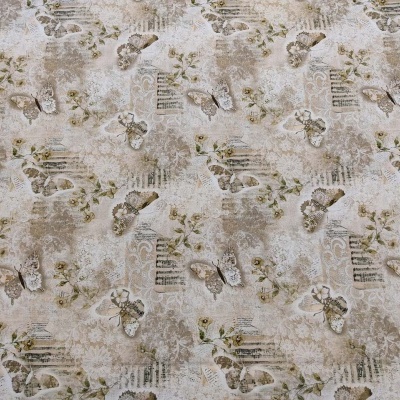 tecido estampado com borboletas, elementos florais e texto vintage em tons castanhos e verdes