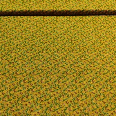 Tecido amarelo com padrão floral verde e vermelho