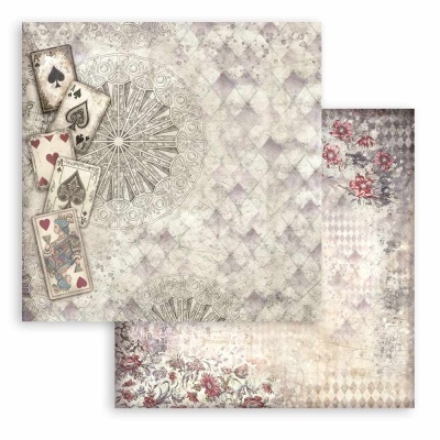Duas folhas de papel decorativo vintage com cartas de baralho e flores