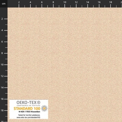 Tecido bege pontilhado com etiqueta OEKO-TEX na parte inferior esquerda