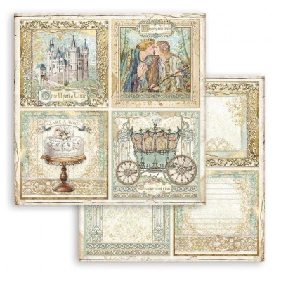 Folhas de papel decorativo vintage com castelo, casal, bolo e carruagem
