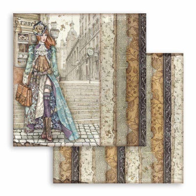 Papel decorativo vintage com mulher em roupa azul e cenário urbano antigo