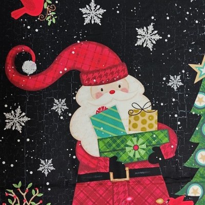 Ilustração de Pai Natal com presentes e flocos de neve