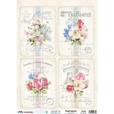 Quatro cartões postais vintage com bouquets florais coloridos e textos em francês