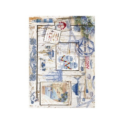 Papel de parede com padrão náutico em azul, branco, bege e vermelho com elementos marítimos e texto ALOHA