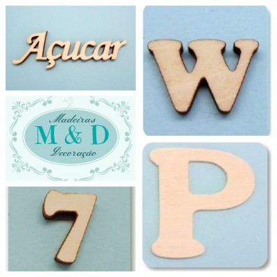 Decorações em madeira com letras e número e logotipo de madeiras M & D