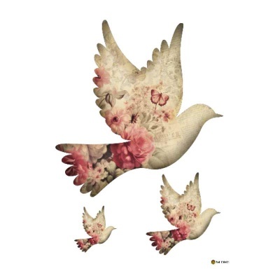 Três silhuetas de pombas com padrão floral em fundo branco