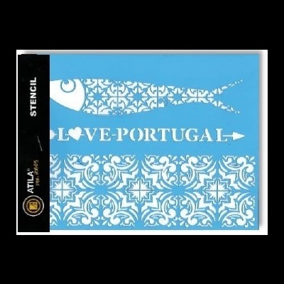 Stencil azul com padrão de peixe, azulejo e texto LOVE-PORTUGAL