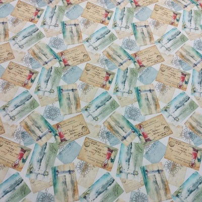 Tecido estampado com postais antigos em vários tons