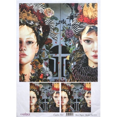 Papel de arroz para decoupage com ilustração artística de duas mulheres com coroas e elementos florais