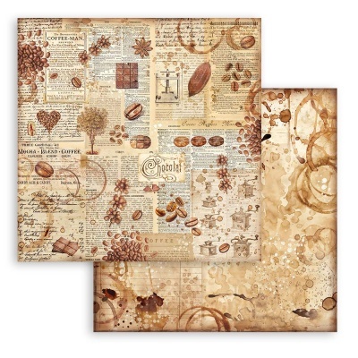 Papel decorativo com padrões de café e chocolate em tons marrons e bege