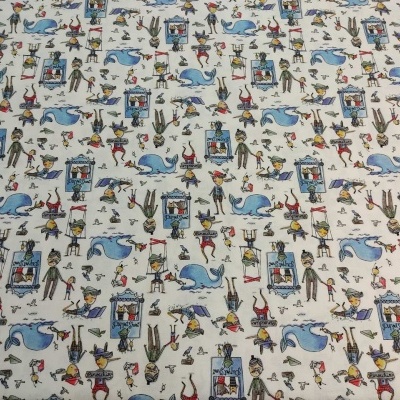 Tecido branco com padrão colorido repetitivo de figuras humanas, golfinhos e animais.