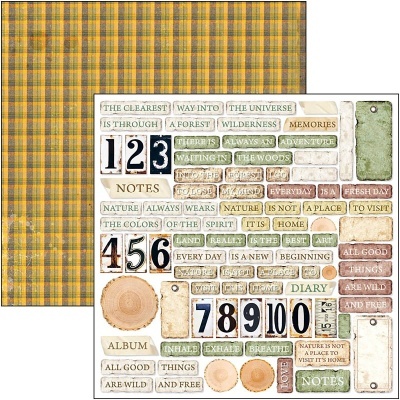 Papel decorativo estampado com padrão xadrez amarelo e cinza e etiquetas com textos e números em inglês