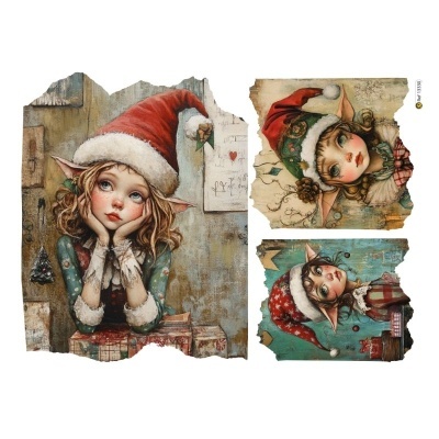 Três quadros com ilustrações coloridas de elfos femininos com gorros de Natal em fundos envelhecidos