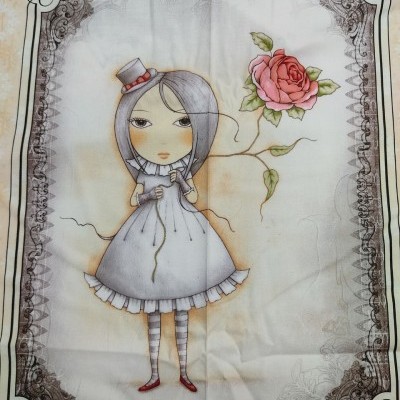 Toalha com ilustração de menina em vestido branco segurando rosa cor-de-rosa e moldura preta vintage