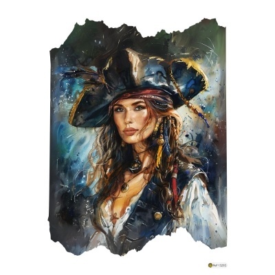 Ilustração de mulher pirata com chapéu preto e colete azul escuro