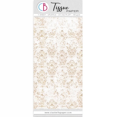 Papel tissue com padrão decorativo bege e branco na embalagem