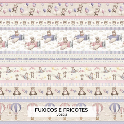 Tecido decorativo com faixas de ursinhos, balões, estrelas e texto Fuxicos E Fricotes