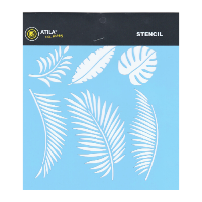 Stencil azul com desenhos de folhas recortadas para pintura