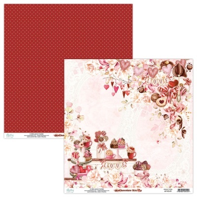 Papel decorativo para scrapbook com estampas de doces, chocolates e coração, e verso vermelho com bolinhas brancas