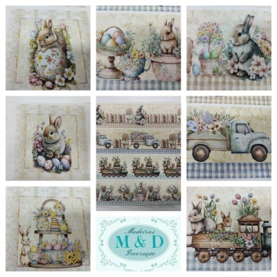 Nove quadros decorativos de Páscoa com coelhos, ovos, flores e veículos em tons pastel