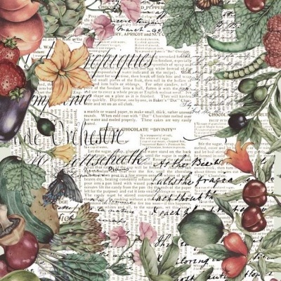 Padrão decorativo com frutas, flores, folhas verdes, borboletas e textos antigos em fundo de jornal.