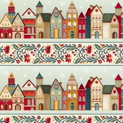 Padrão de papel de parede com casas coloridas e faixas florais em cores quentes.