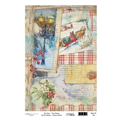Papel decorativo com ilustrações de inverno, carruagem, lamparina, bagas e cartas manuscritas sobre padrão xadrez