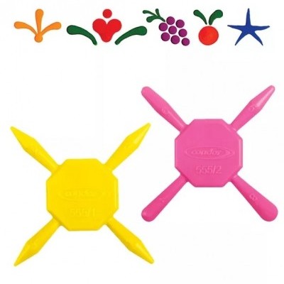 Dois objetos plásticos coloridos com textos e ícones coloridos acima