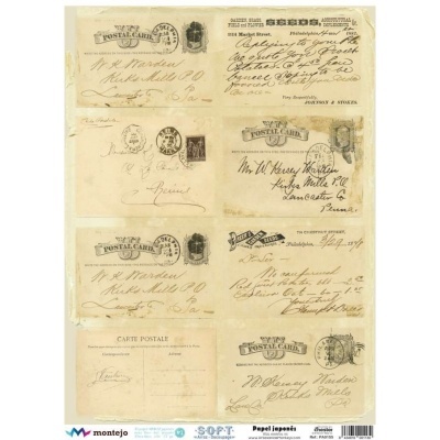 Seis postais vintage com escrita manuscrita, carimbos e selos, em tom sépia e bege