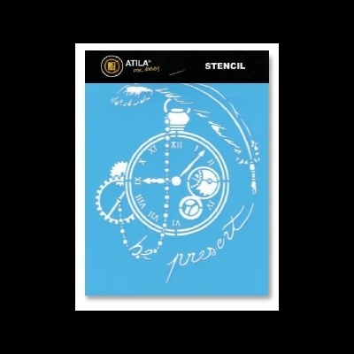 Stencil azul com desenho branco de relógio de bolso e engrenagens