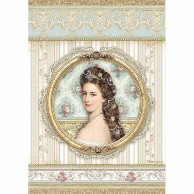 Retrato de mulher em moldura dourada sobre papel de parede floral e listrado